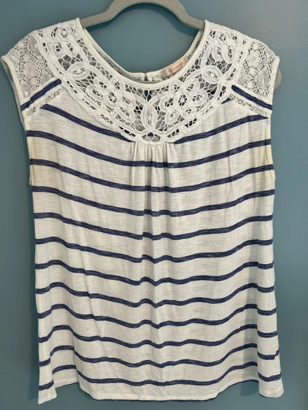 Skies Are Blue Women’s White & Navy Striped Lace Yoke Top - Picture 2 of 3